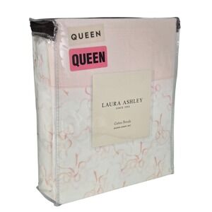 Laura Ashley Cotton Percale Pink Bows Queen Sheet Set Trailing Bows Coquette NEW